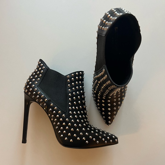 SAINT LAURENT Paris 110’ Black Leather Studded Stiletto Boots sz 38 EUC Like New - Picture 1 of 7